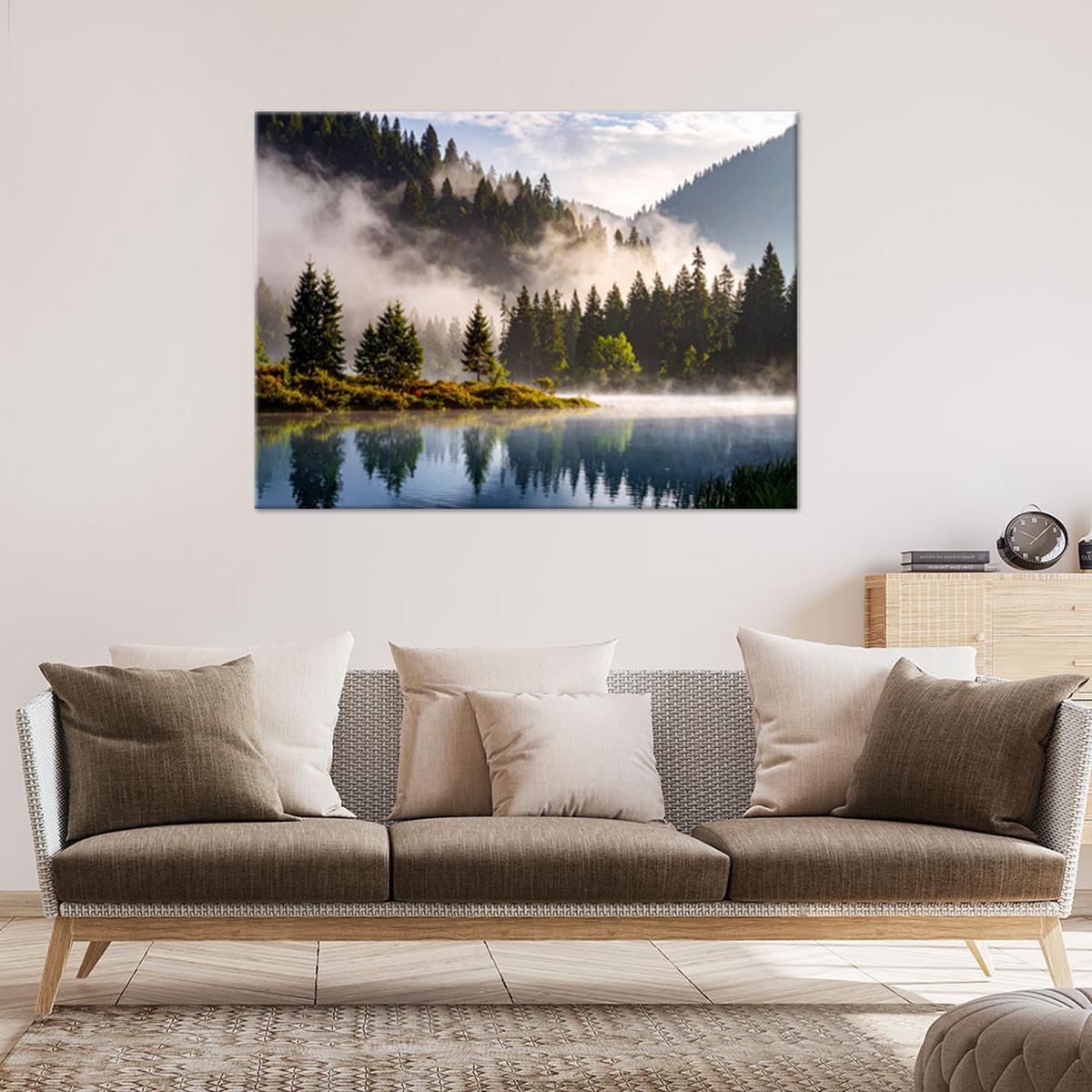 BILDER, Wald im Nebel am See Landschaft - Grün, Textil (45/30cm) - Feeby