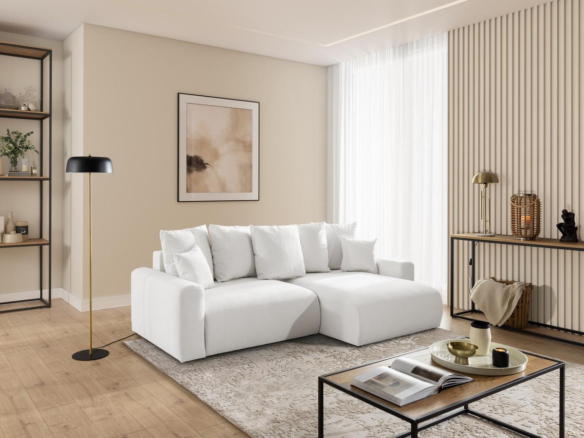 ECKSOFA Calma mit Schlaffunktion und Bettkasten im Bumpy-Design aus weichem Creme Webstoff - Ottomane rechts - Creme/Schwarz, Holz/Kunststoff (140/239cm) - S-Style