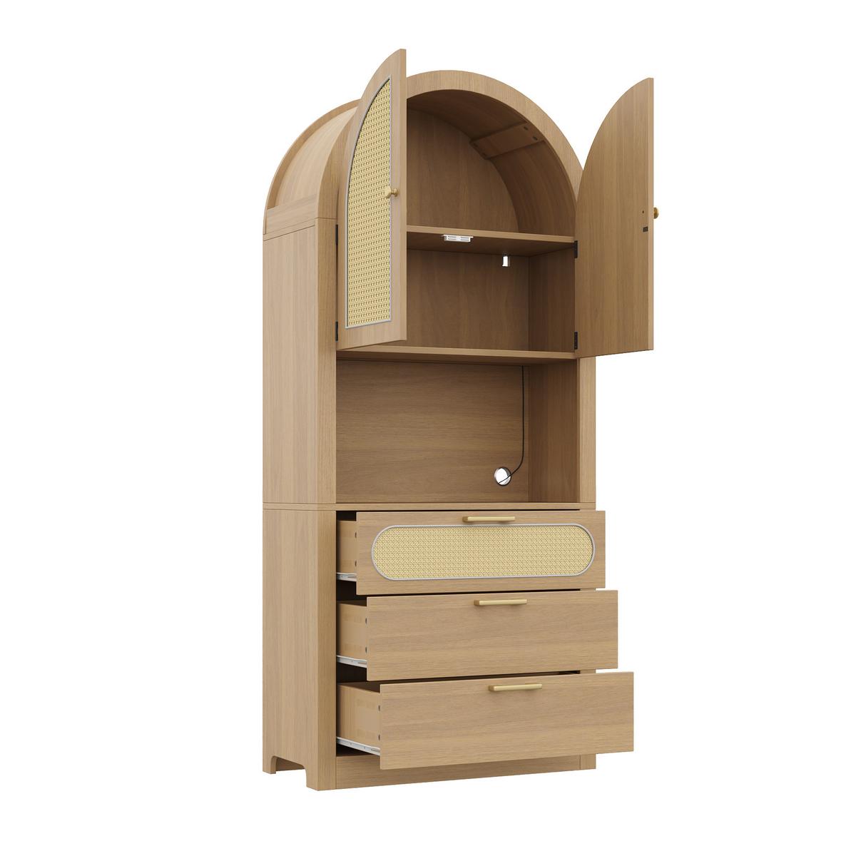 HIGHBOARD in heller Eiche-Optik mit Rattantüren, mit LED-Beleuchtung und viel Stauraum - Naturfarben, Holzwerkstoff (80/180/35cm) - Urban Meuble