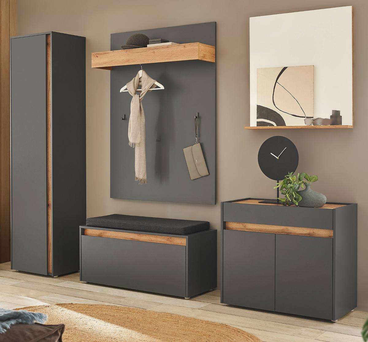 GARDEROBEN-SET Grau mit Eiche Wotan, 6-teilig 260 x 200 cm mit viel Stauraum, inklusive Sitzkissen - Eiche Wotan/Silberfarben, Glas/Holzwerkstoff (260/200/40cm) - Furn.Design