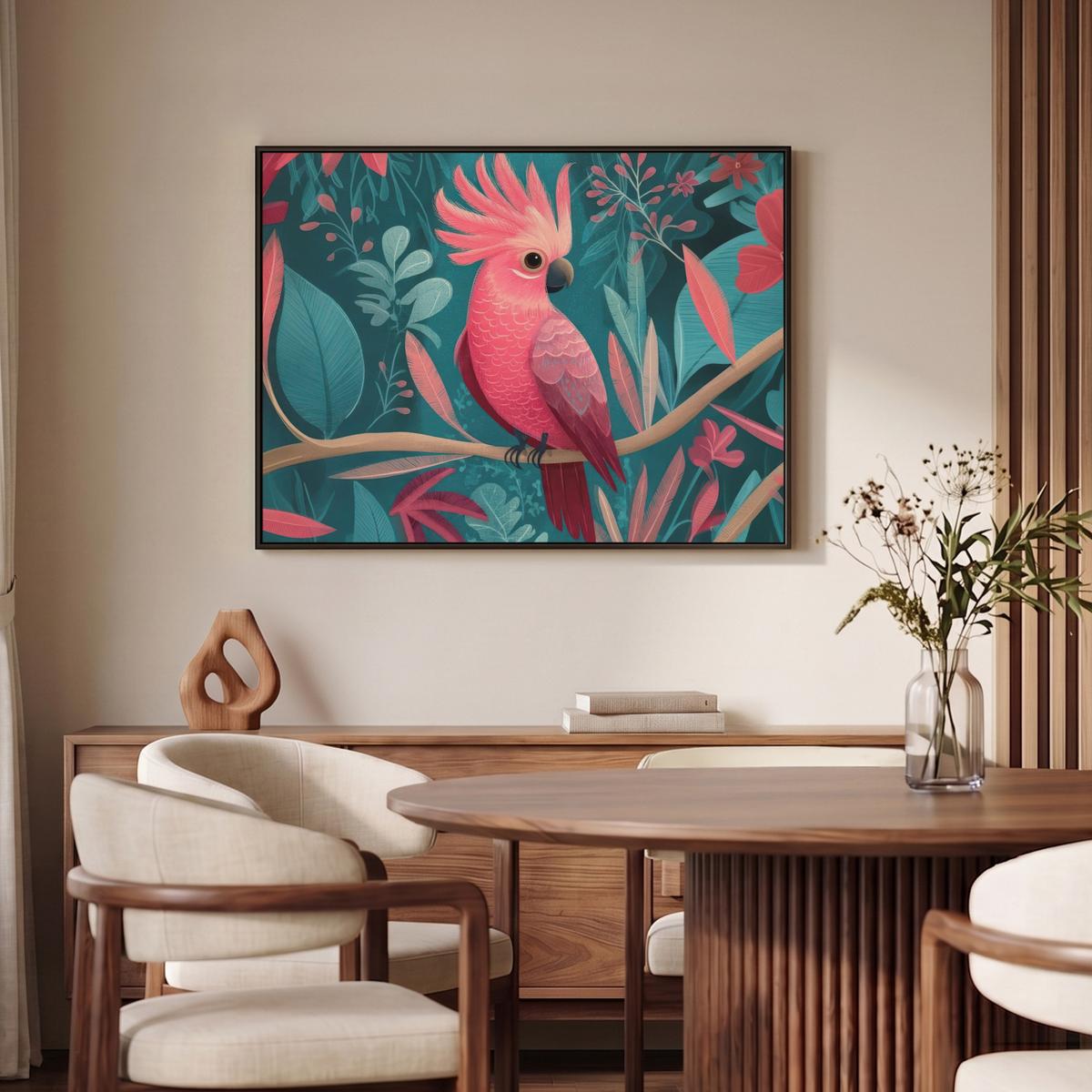 LEINWAND Bilder mit Rahmen - Kakadu - Tropische Blätter - Zweig - 100x70 - Petrol, Textil (100/70cm) - MuchoWow