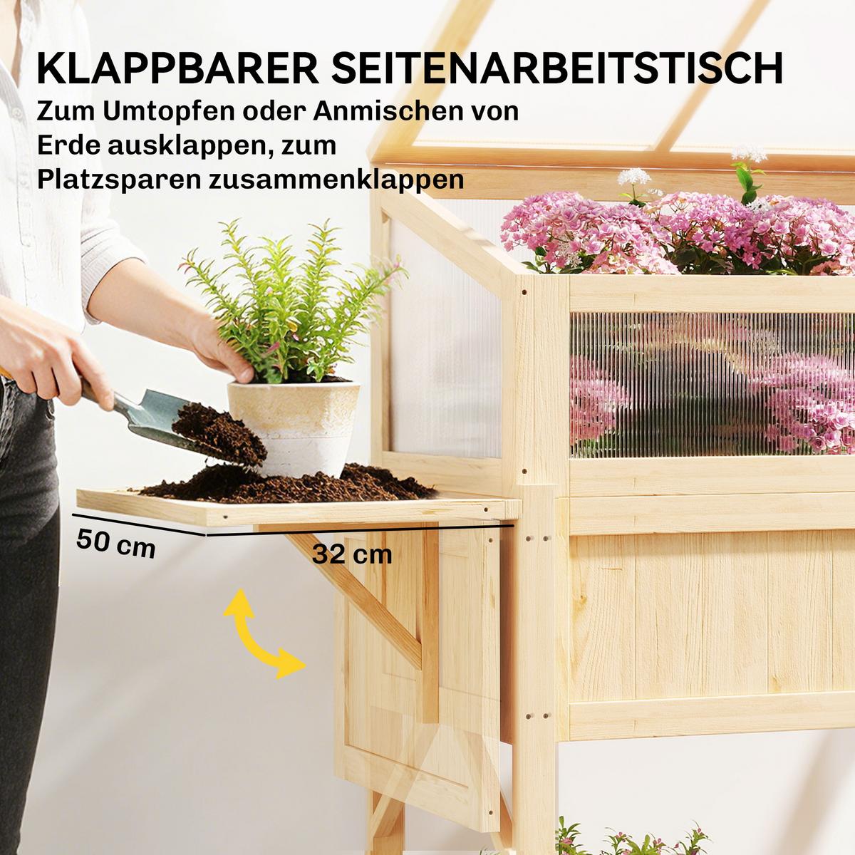 HOCHBEET mit Frühbeetaufsatz aus Holz Pflanzkasten mit Gewächshaus Seitentisch - Naturfarben, Holz (50/120/104cm) - Outsunny
