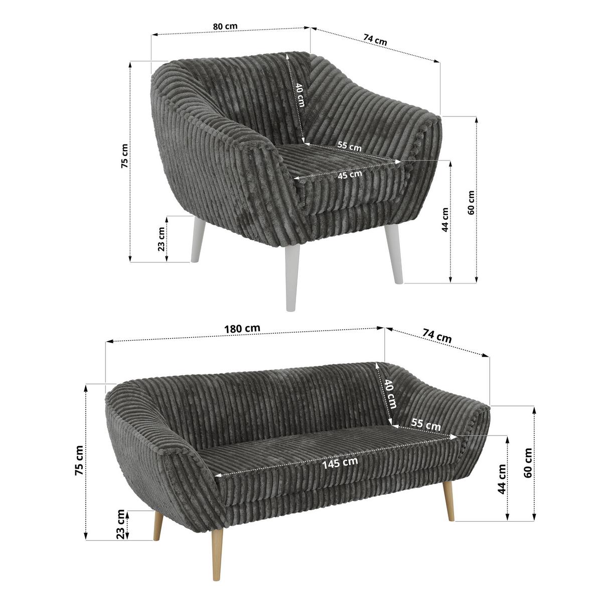 SITZGARNITUR PIRS 3+1+1 - Grau Cord - Weiße Beine - Weiß/Grau, Holzwerkstoff/Textil (180/75/74cm) - MKS