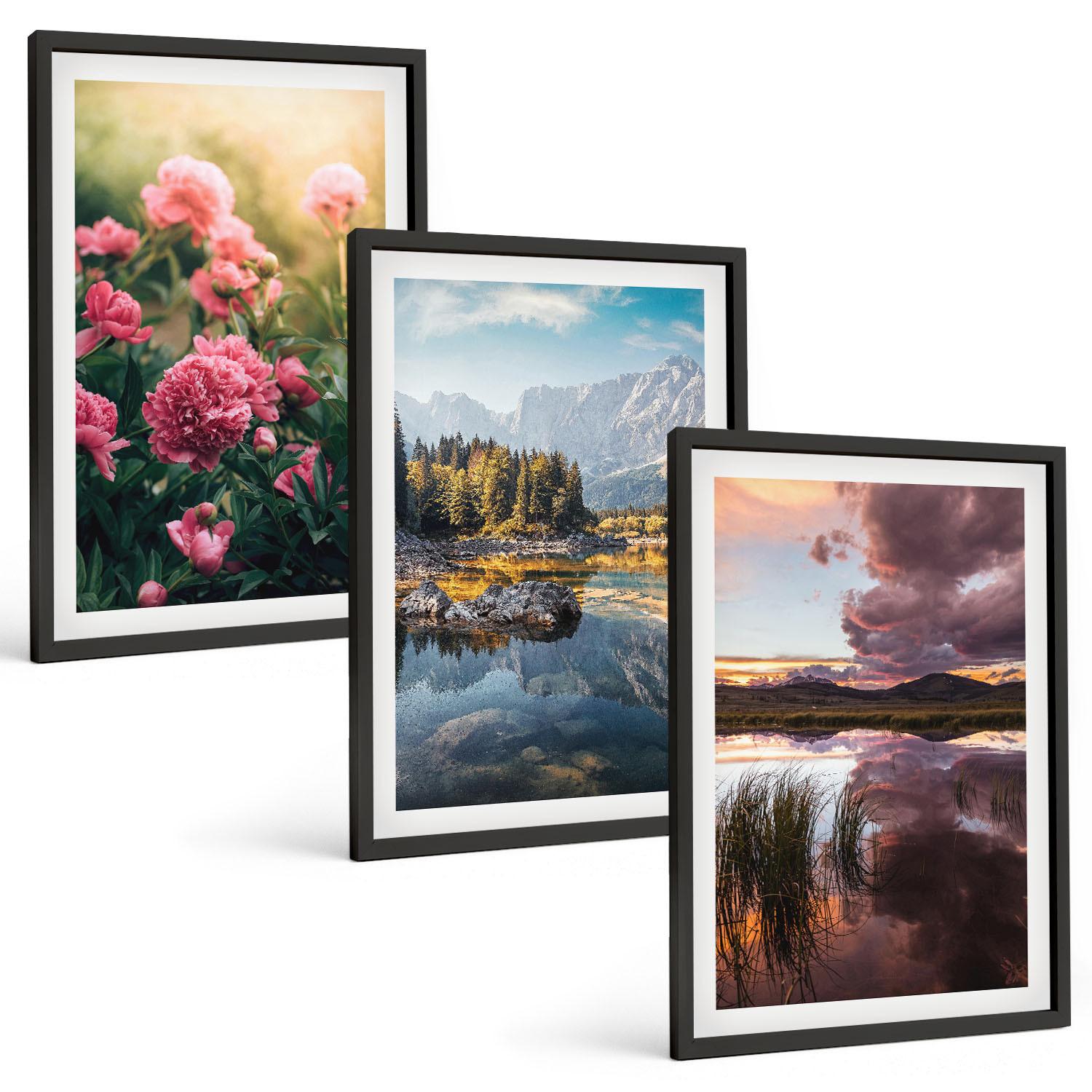 BILDER SET 3er Set - 40x60 cm Schwarzer Rahmen - Blumengarten Berge Wasser - Schwarz, Kunststoff (40/60cm) - TULUP