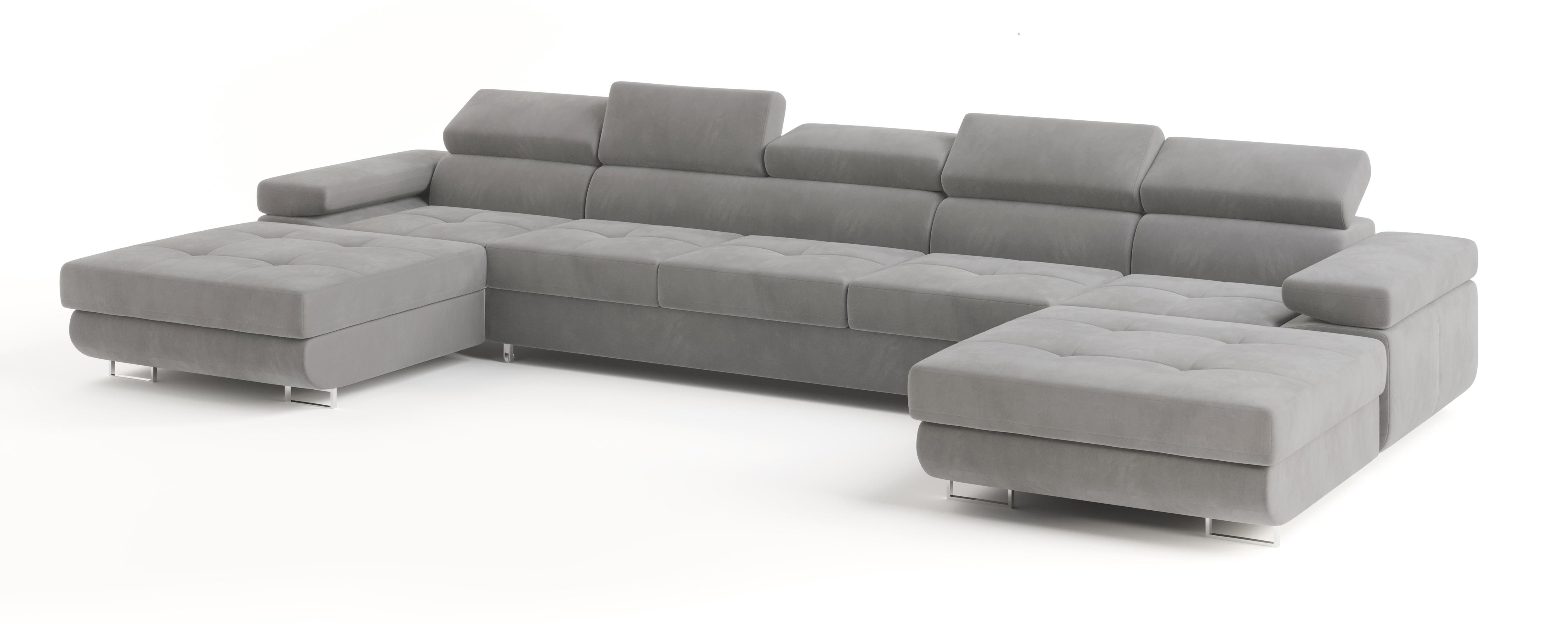 WOHNLANDSCHAFT OMBRA Hellgrau Velours-Stoff mit Schlaffunktion - Hellgrau, Holz (425/90/202cm) - MASSENO