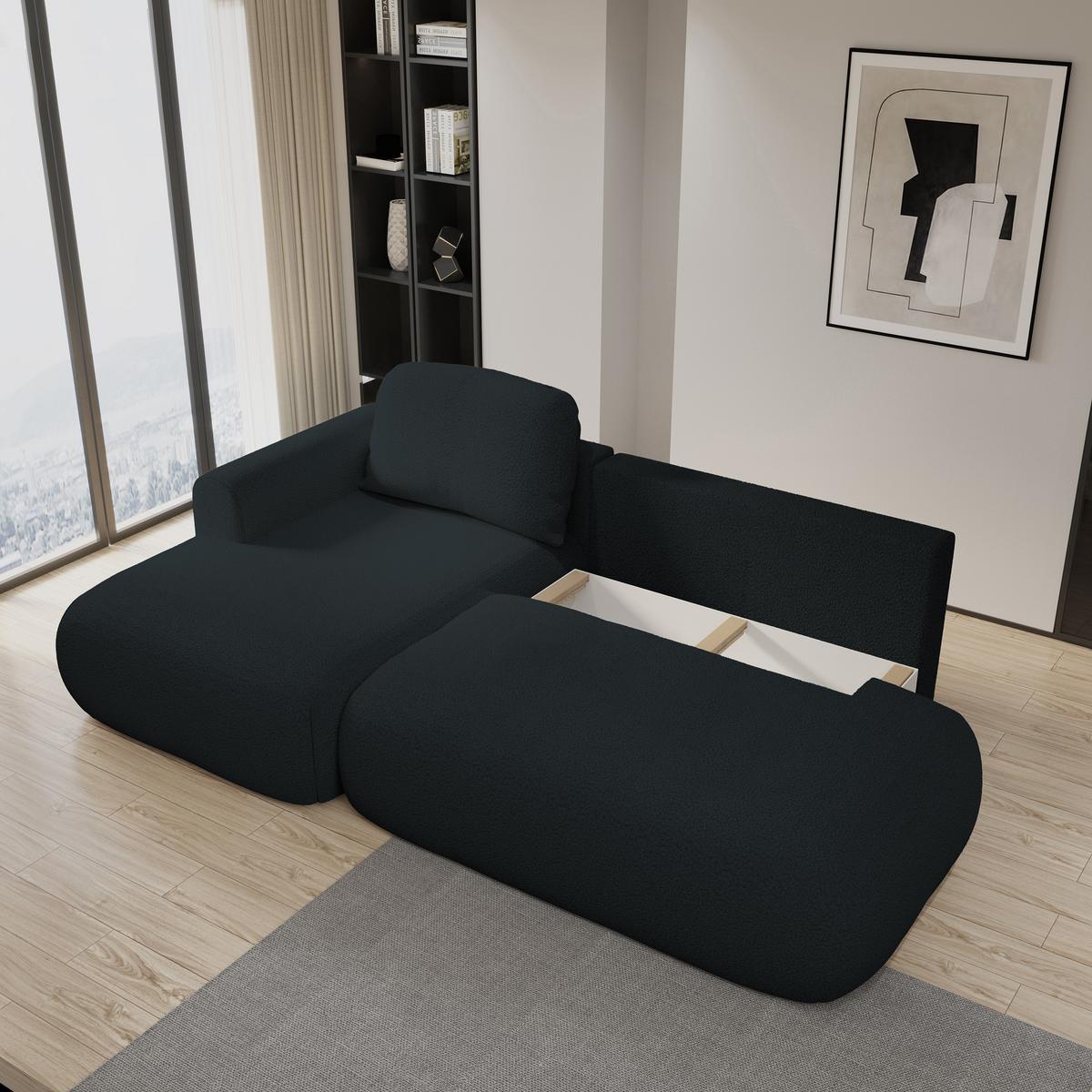 ECKSOFA NUVIRA L-S Schwarz Boucle-Stoff mit Schlaffunktion - Schwarz, Holz (279/158cm) - MASSENO