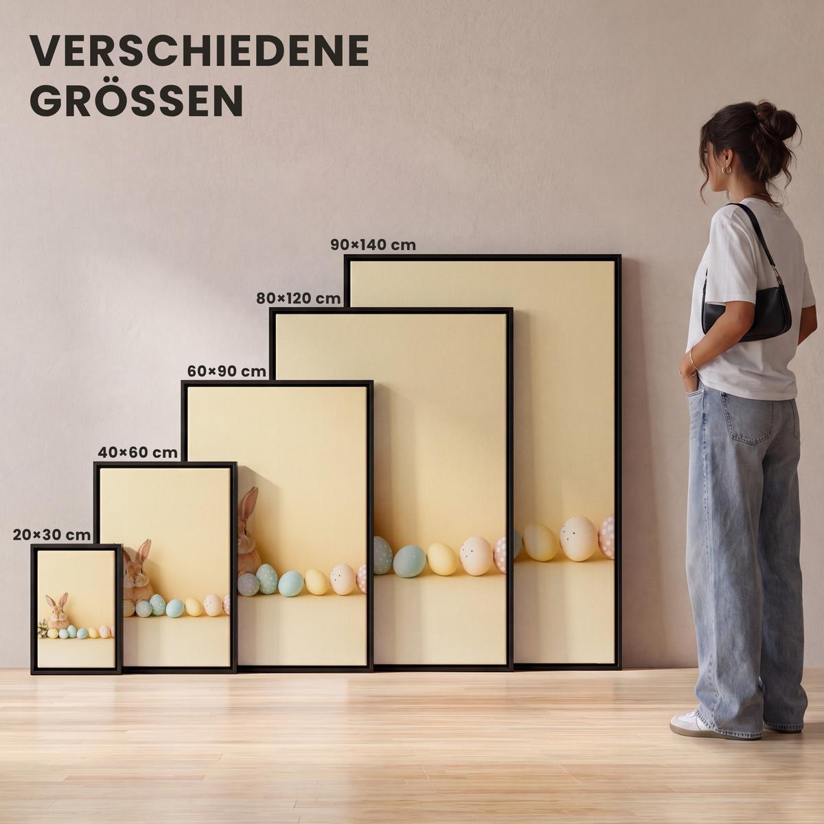 LEINWAND Bilder mit Rahmen - Eier - Kaninchen - Pastellfarbtöne - 100x150 - Hellgelb, Textil (100/150cm) - MuchoWow