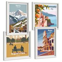 BILDER SET 4er Set - 50x50 cm & 40x60 cm Weißer Rahmen - Retro-Illustrationen berühmter Orte - Weiß, Kunststoff (50/50cm) - TULUP