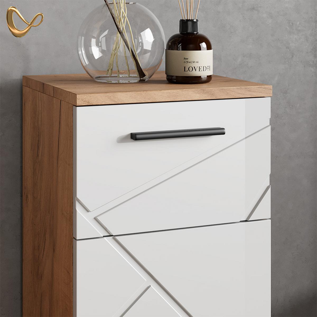 BADMÖBEL-SET Ronco Weiß Hochglanz/Goldkraft Eiche 5 Teile - Honigeiche/Weiß Hochglanz, Holzwerkstoff (80/58/41cm) - Livinity®