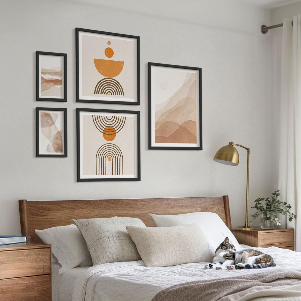 BILDER SET 5er Set - 50x50 cm & 20x30 cm & 40x60 cm Schwarzer Rahmen - Strukturen schattieren Minimalismus - Schwarz, Kunststoff (40/60cm) - TULUP