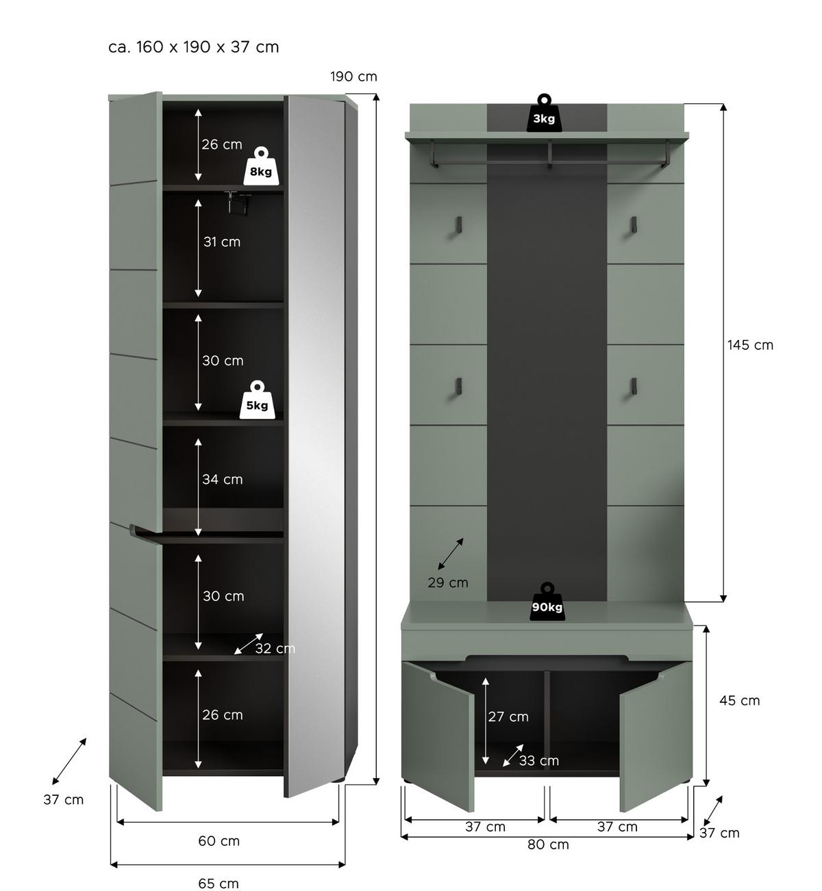 GARDEROBE-SET Salbei Grün und Grau, Garderobe 3-teilig 160 x 190 cm mit Soft-Close - Salbeigrün/Dunkelgrau, Holzwerkstoff/Kunststoff (160/190/37cm) - Inn.Furn