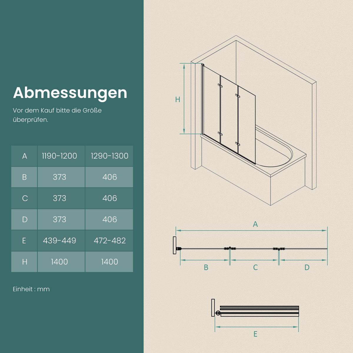 BADEWANNENAUFSATZ 3-teilig faltbar schwarz 130/140 cm - Schwarz, Glas (130/140cm) - EMKE