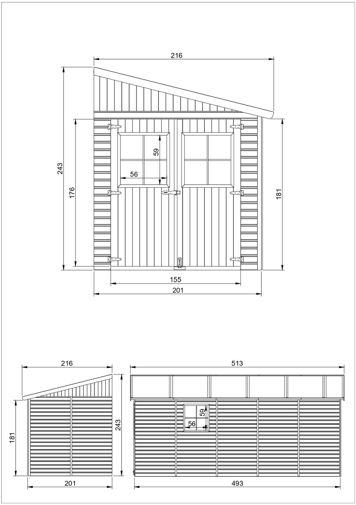 HOLZ-GARTENHAUS (ohne Seitenwand) - H244x211x514 cm/10 m2 - M341 - Beige, Holz (216/243/493cm) - Timbela