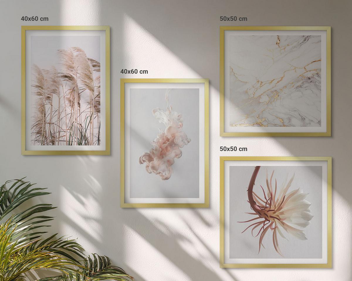 BILDER SET 4er Set - 50x50 cm & 40x60 cm Goldrahmen - Elegante Gräser, Blumen, Marmor - Goldfarben, Kunststoff (50/50cm) - TULUP