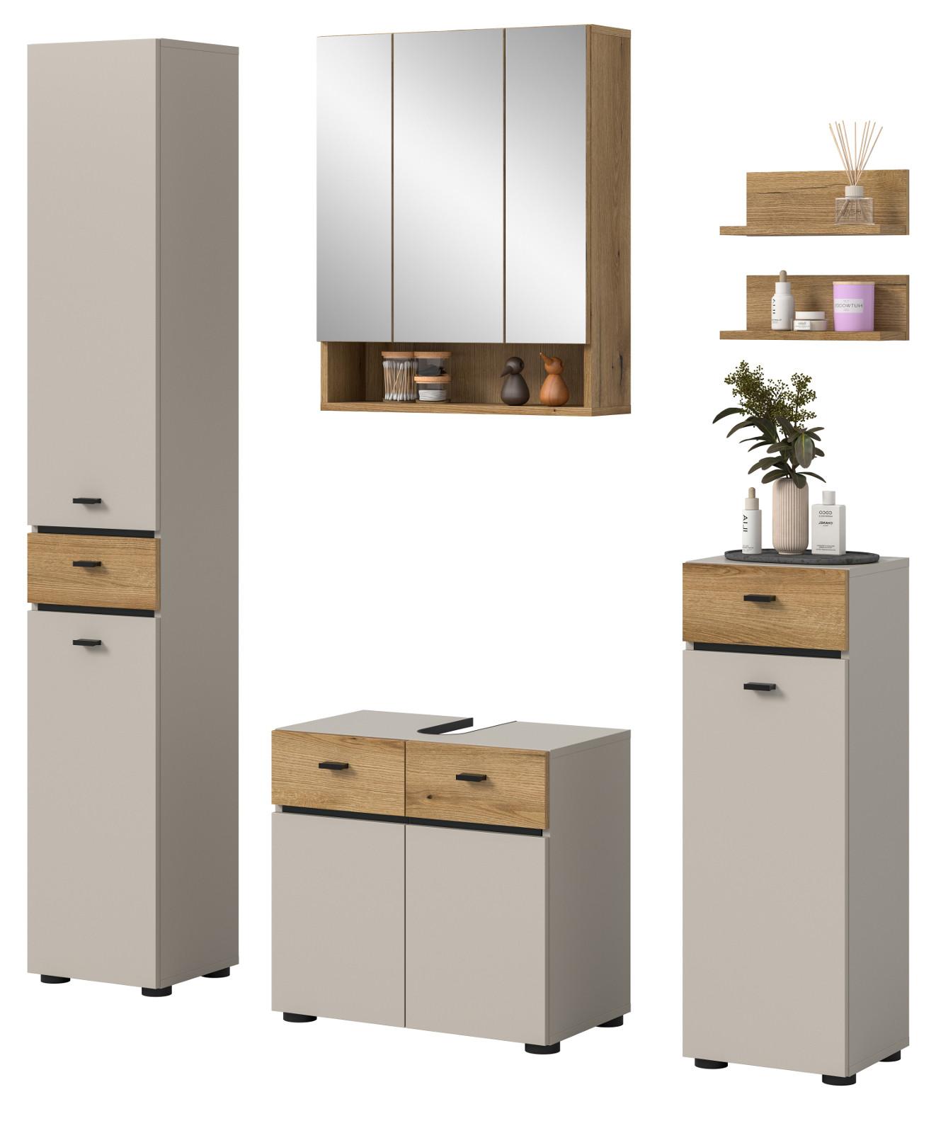 BADMÖBEL-SET Kaschmir, Evoke Eiche 6-teilig 154 cm, Komplettset mit viel Stauraum - Kaschmir/Eichefarben, Glas/Holzwerkstoff (154/191/35cm) - Inn.Furn