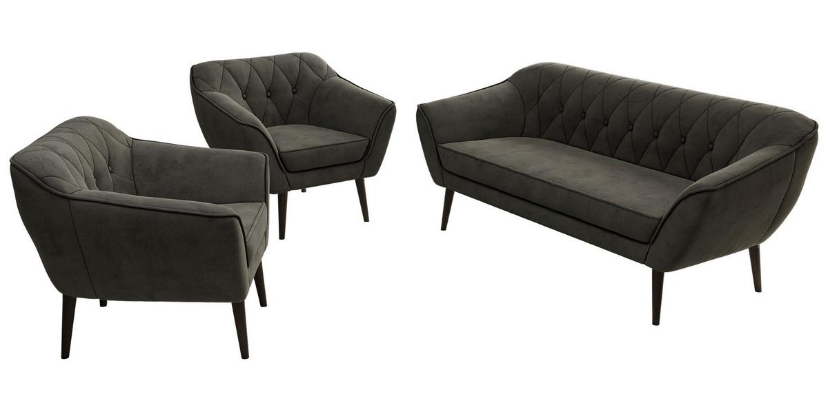 SITZGARNITUR PIRS 3+1+1 - Dunkelgrau Velvet - Schwarze Beine - Dunkelgrau/Schwarz, Holzwerkstoff/Textil (180/75/74cm) - MKS