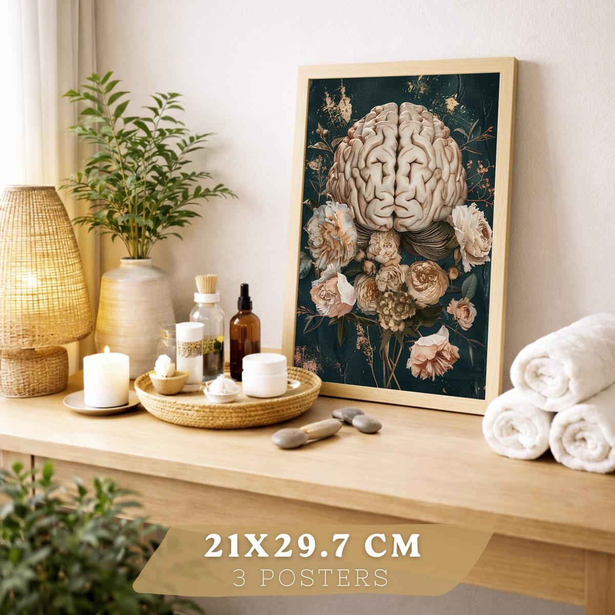 POSTER Set aus 3 Anatomie Drucke und Dekorative Wandbilder mit Herz Gehirn Lungen Atmungssystem Florales Grün Gold Design Größe Leichter Holzrahmen A4 - Beige, Papier (21/29.7/3cm) - Nacnic