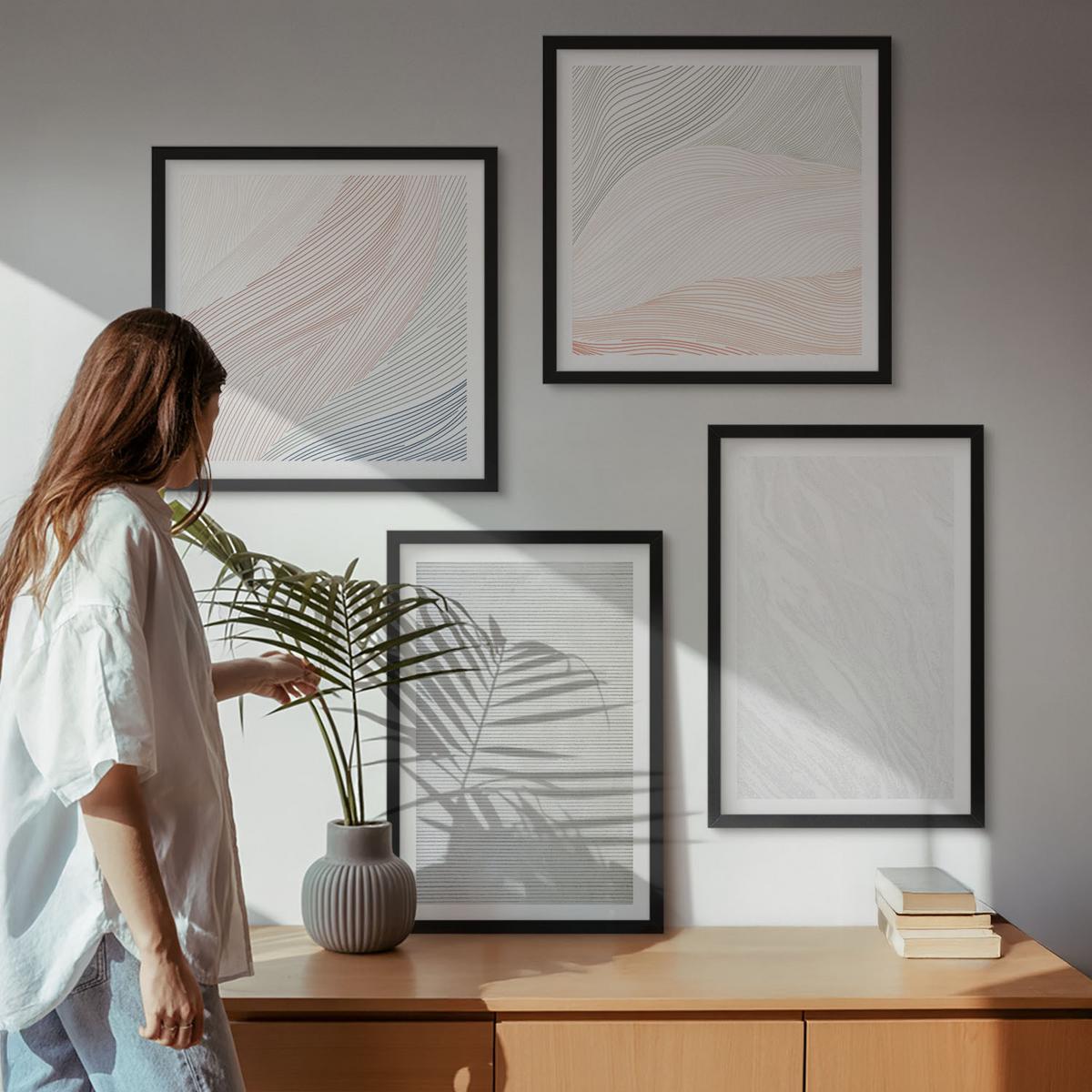 BILDER SET 4er Set - 50x50 cm & 40x60 cm Schwarzer Rahmen - Leuchtende Strukturen, Sandmuster - Schwarz, Kunststoff (50/50cm) - TULUP