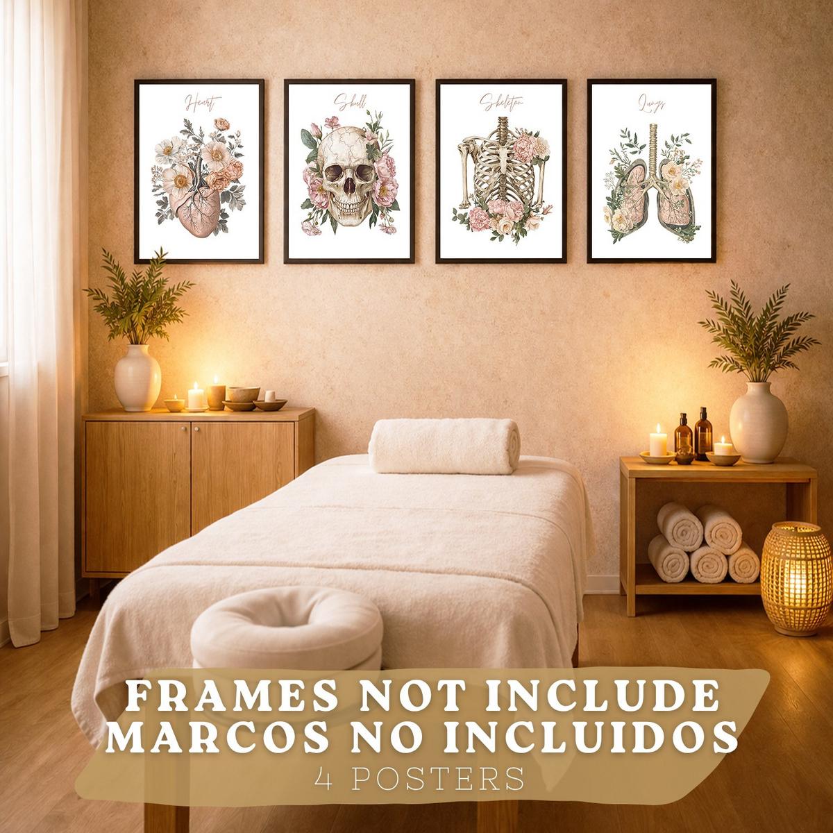 POSTER Set aus 4 Anatomie Mensch Florale Drucke und Wandbilder mit Herz Lungen Skelett und Schädel Stil Medizinische Wanddekoration Größe Rahmenlos A3 - Klar, Papier (29.7/42/3cm) - Nacnic