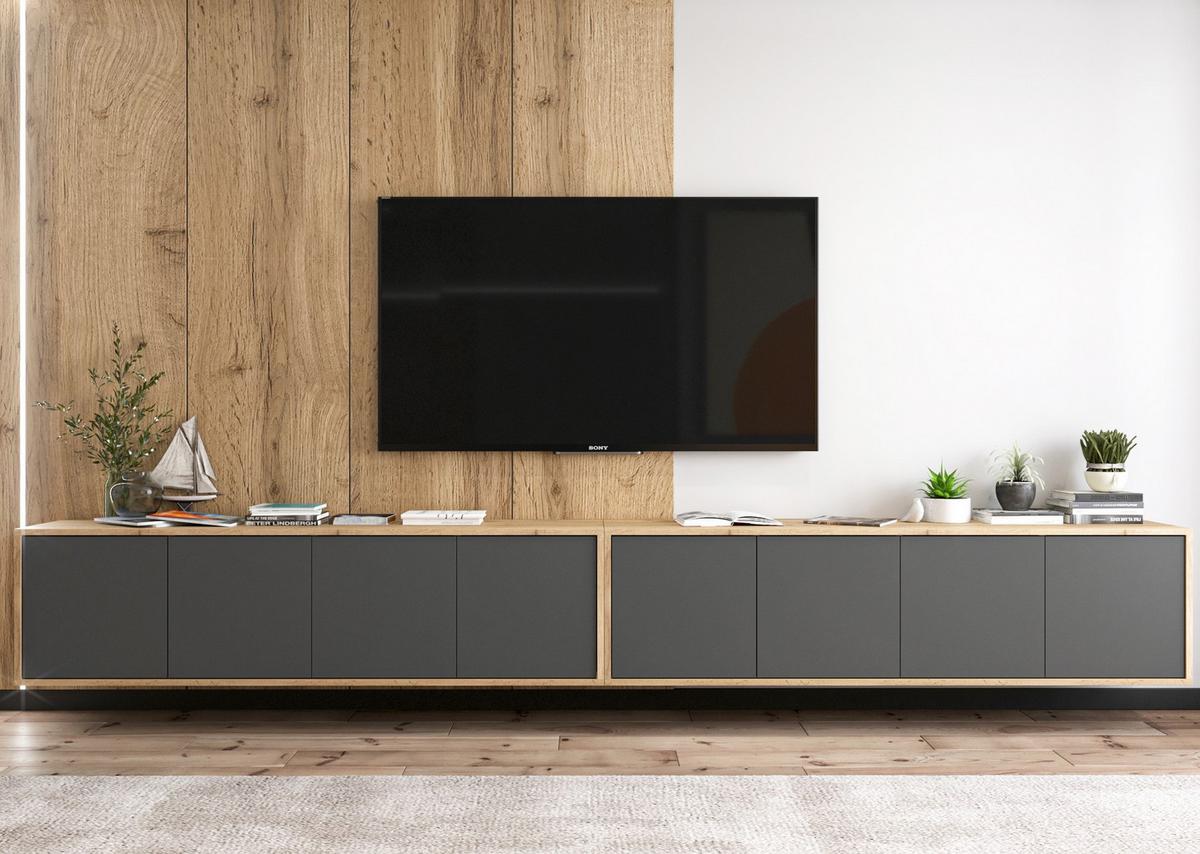 TV-LOWBOARD 2-er Set Apollo2 Eiche wotan Graphit Matt 150 cm - Graphitfarben, Holzwerkstoff (300/39/35cm) - Meble Lindner