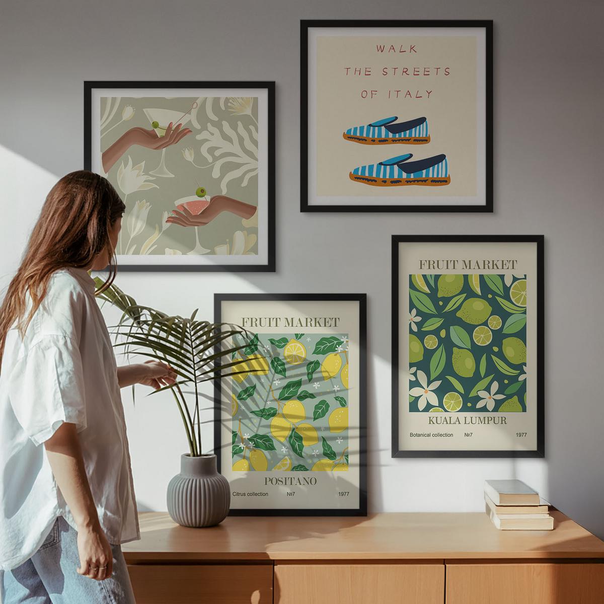 BILDER SET 4er Set - 50x50 cm & 40x60 cm Schwarzer Rahmen - Italienische Poster mit Fruchtmotiven - Schwarz, Kunststoff (50/50cm) - TULUP