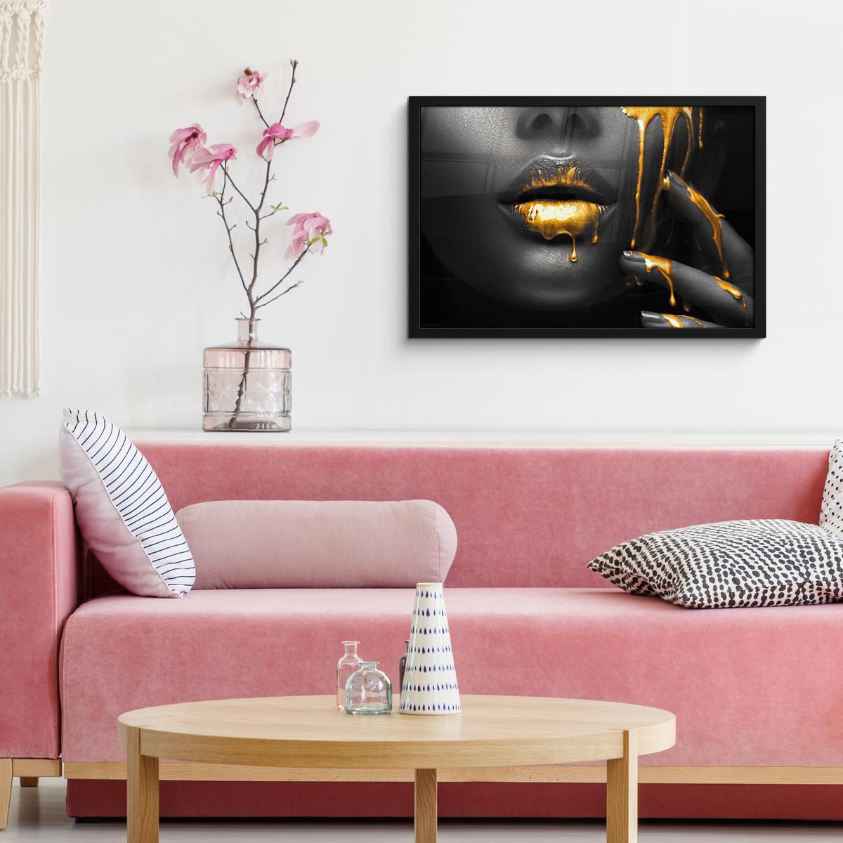 POSTER MIT RAHMENGERAHMTES BILD Frau - Schwarz - Gold - Gesicht - Lippen 60x40 cm - Goldfarben, Papier (60/40cm) - MuchoWow