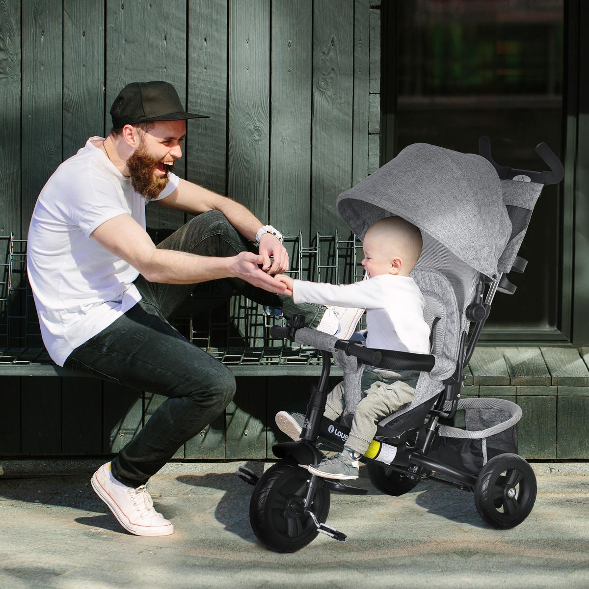 6-IN-1 Dreirad mit Schubstange, Kinderdreirad mit abnehmbarem Sonnendach - Grau, Metall (102/49/102cm) - HOMCOM
