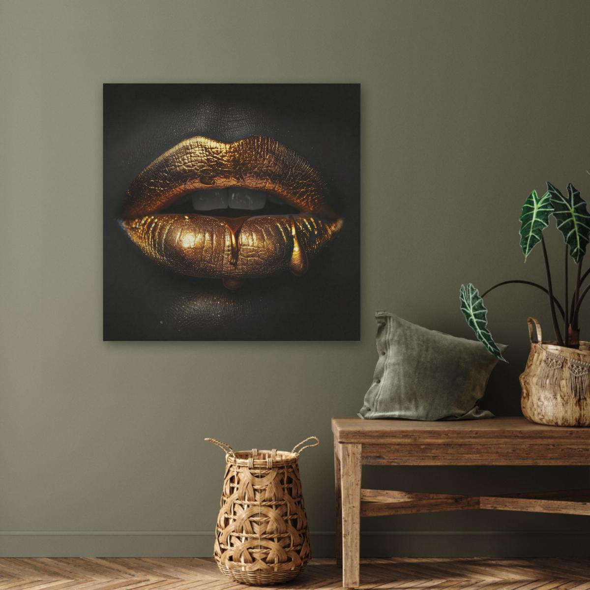 AKUSTIKBILD Frau - Porträt - Lippen - Gold - Schwarz Akustikpaneele 80x80 cm - Schwarz, Kunststoff (80/80/0.9cm) - MuchoWow