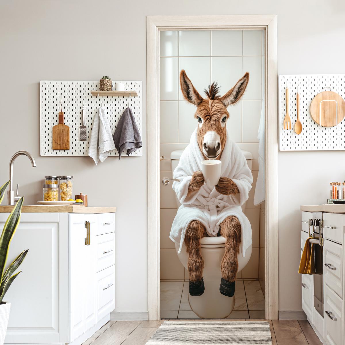 TÜRAUFKLEBER Esel - WC - Lustig - Bademantel - Tier 90x235 cm - Türtapete - Beige, Kunststoff (90/0.1cm) - MuchoWow