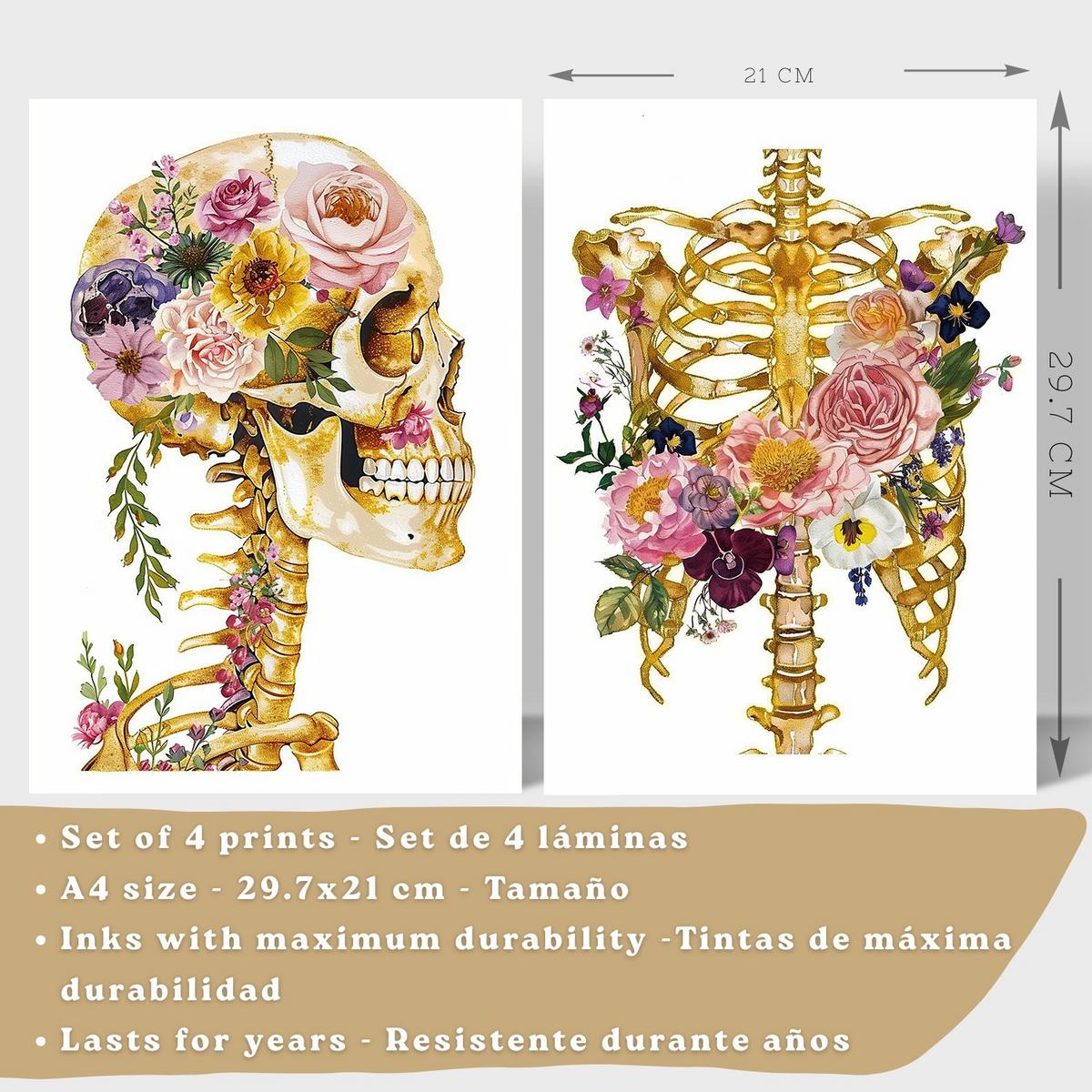 POSTER Set aus 4 Anatomie Mensch Drucke und Wandbilder mit Schädel Skelett Herz und Goldene Lungen Wanddekoration Größe Leichter Holzrahmen A4 - Beige, Papier (21/29.7/3cm) - Nacnic