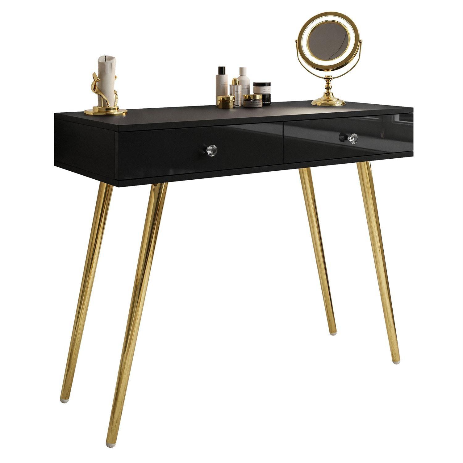 KONSOLE SIENNA GOLD mit Schubladen auf goldenen Beinen - Schwarz Hochglanz/Goldfarben, Holzwerkstoff (100/81/42cm)