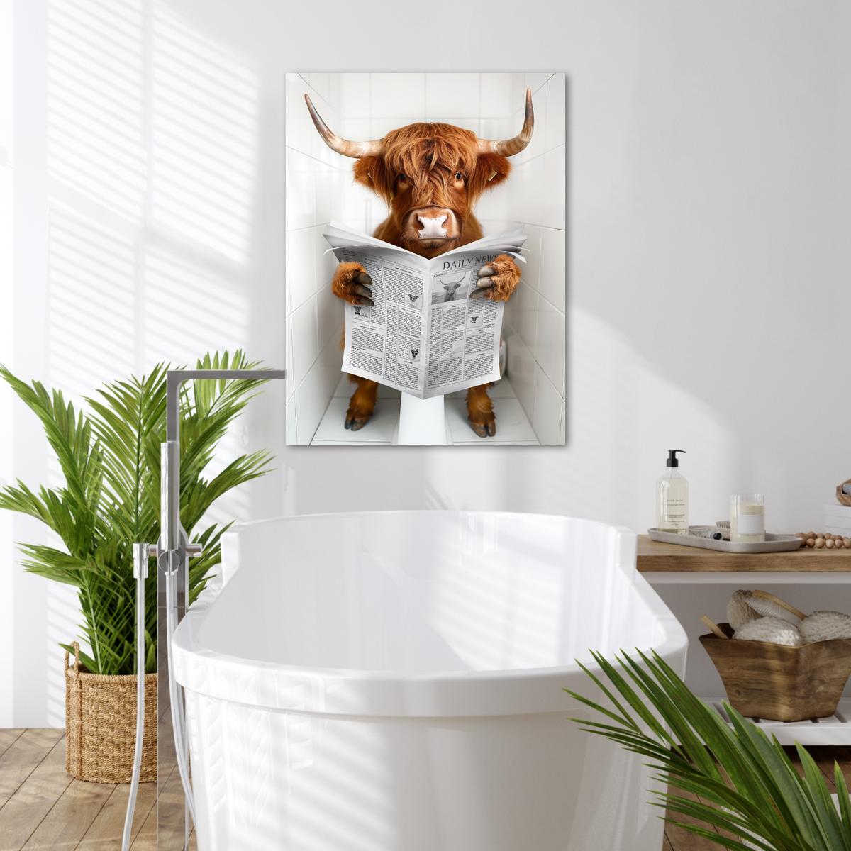 LEINWANDBILD Schottischer Highlander - Tier - Zeitung - Toilette Wandbild Wohnzimmer 50x70 cm - Kastanienfarben, Textil (50/70cm) - MuchoWow
