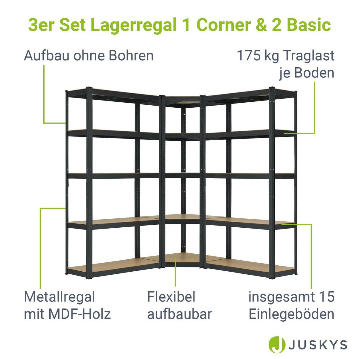 REGALSYSTEM Basic grau insgesamt 15 Böden (3er-Set) - Grau, Metall (160/180/160cm) - Juskys