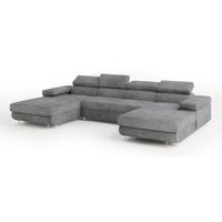 WOHNLANDSCHAFT LYKKE Grau Velours-Stoff mit Schlaffunktion - Grau, Holz (353/90/202cm) - MASSENO