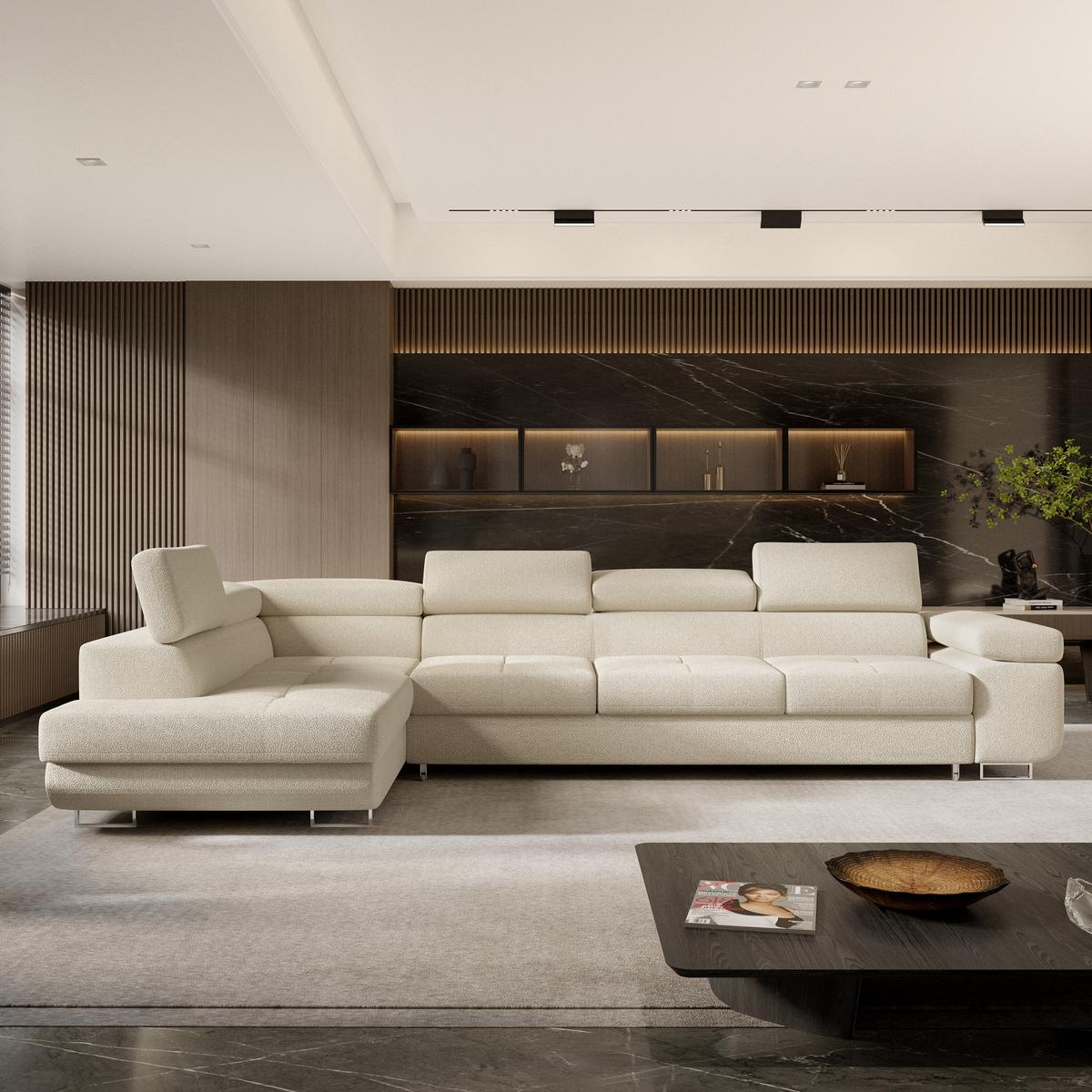 ECKSOFA VICENTE Creme Boucle-Stoff mit Schlaffunktion - Creme, Holz (346/202cm) - MASSENO