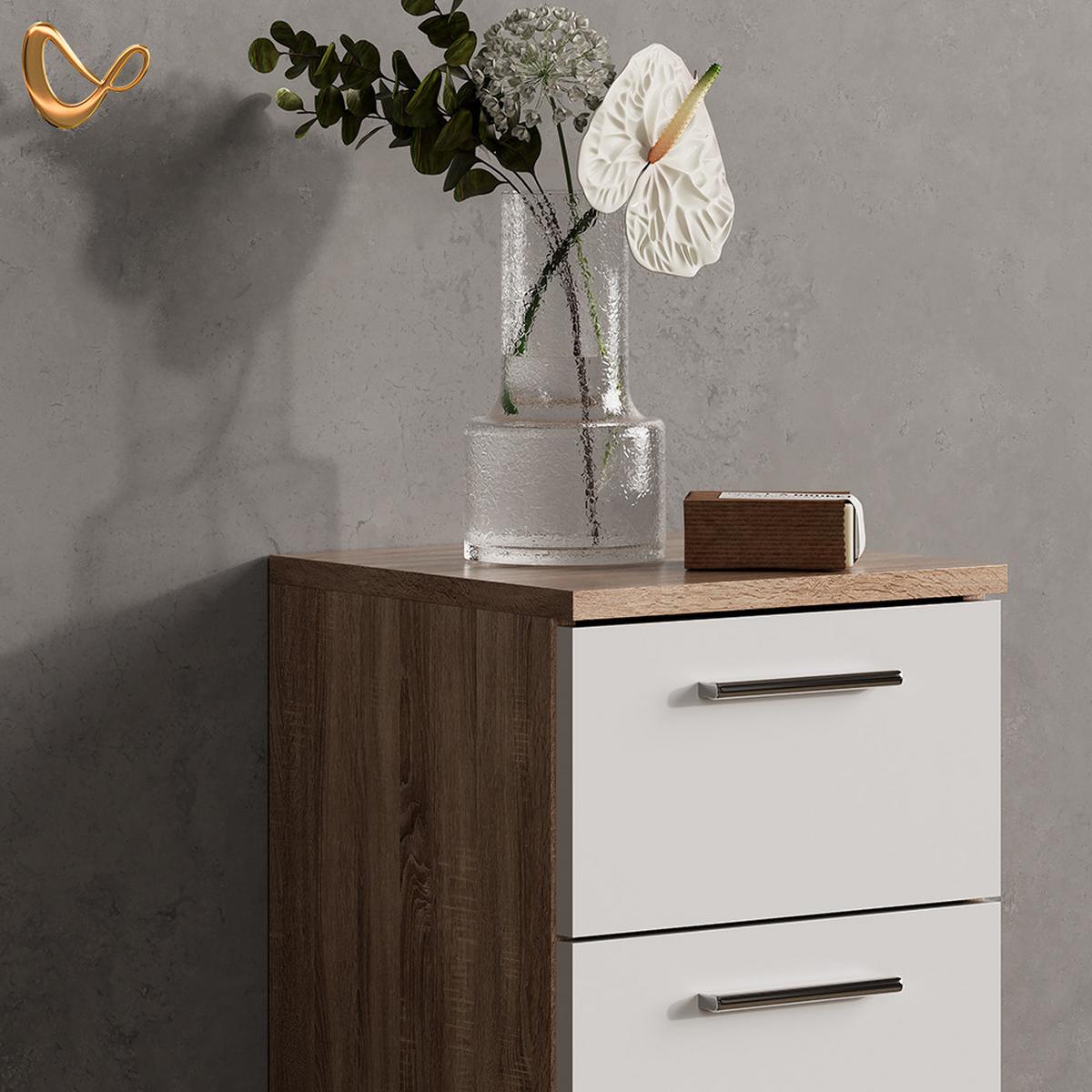 BADMÖBEL-SET Eisak Weiß/Sonoma 4 Teile, mit Hochschrank - Weiß/Sonoma Eiche, Holzwerkstoff (80/60/33cm) - Livinity®