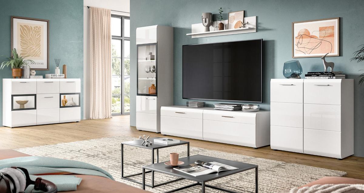 WOHNWAND weiß Hochglanz 3-teilig 255 cm, Schrankwand modernes Design - Weiß Hochglanz/Silberfarben, Glas/Holzwerkstoff (255/160/41cm) - Inn.Furn