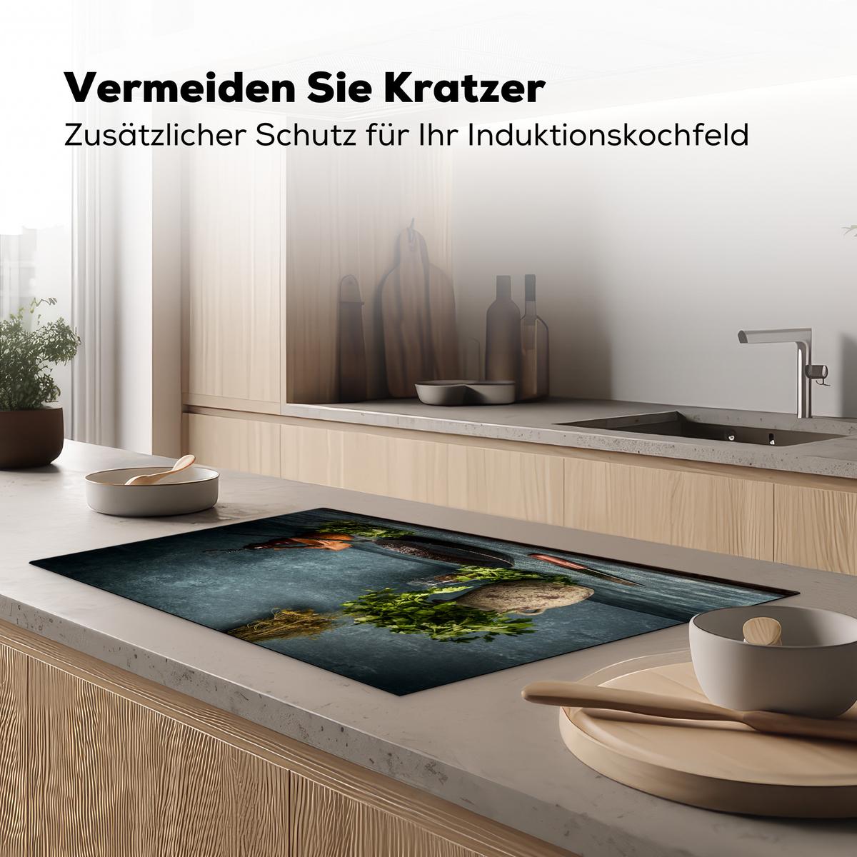 HERDABDECKPLATTE Kräuter - Gewürze - Pfanne - Messer - Grau - Rustikal Ceranfeldabdeckung 85x52 cm - Petrol, Kunststoff (85/52/0.2cm) - MuchoWow