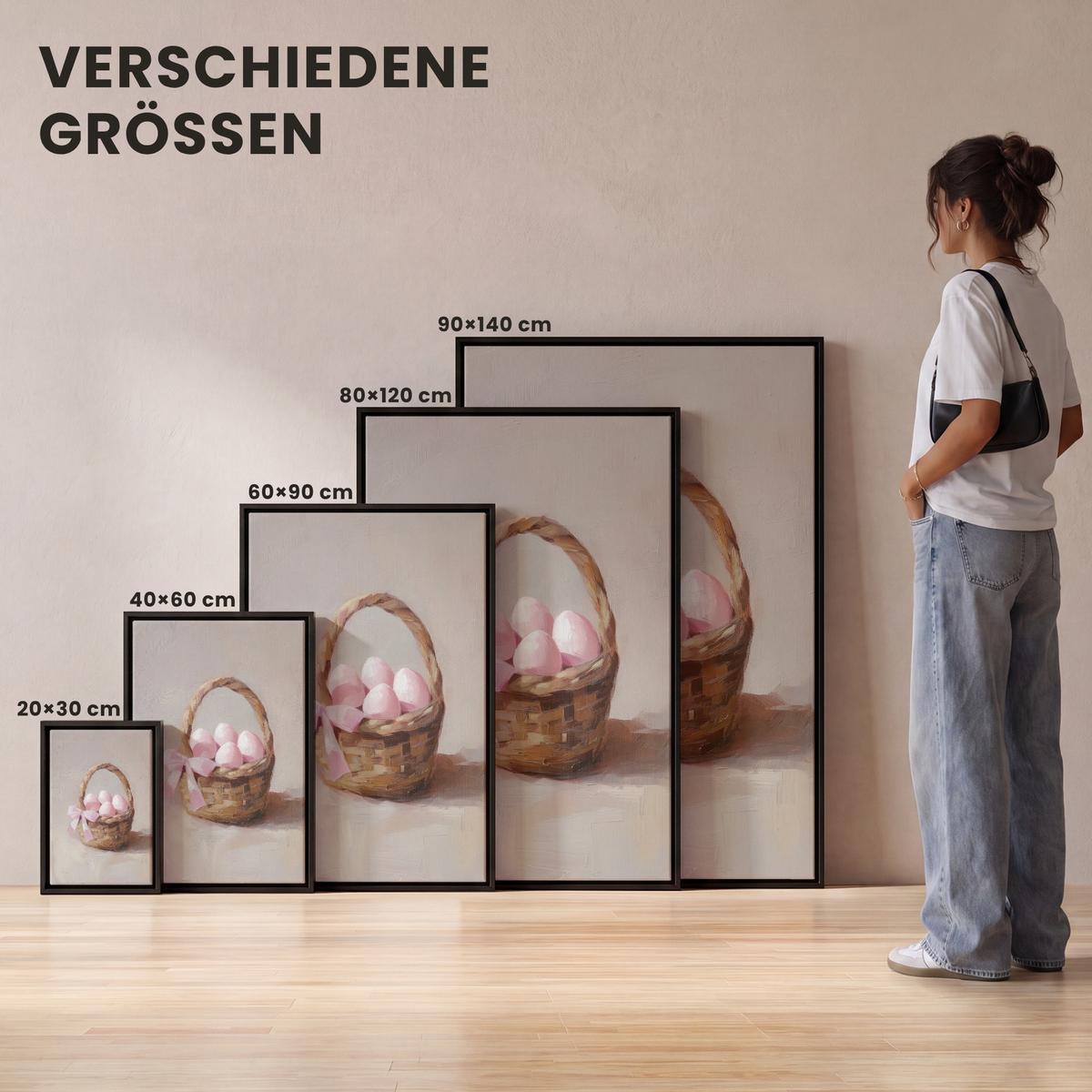 LEINWAND Bilder mit Rahmen - Korb - Eier - Rosa - 20x30 - Beige, Textil (20/30cm) - MuchoWow
