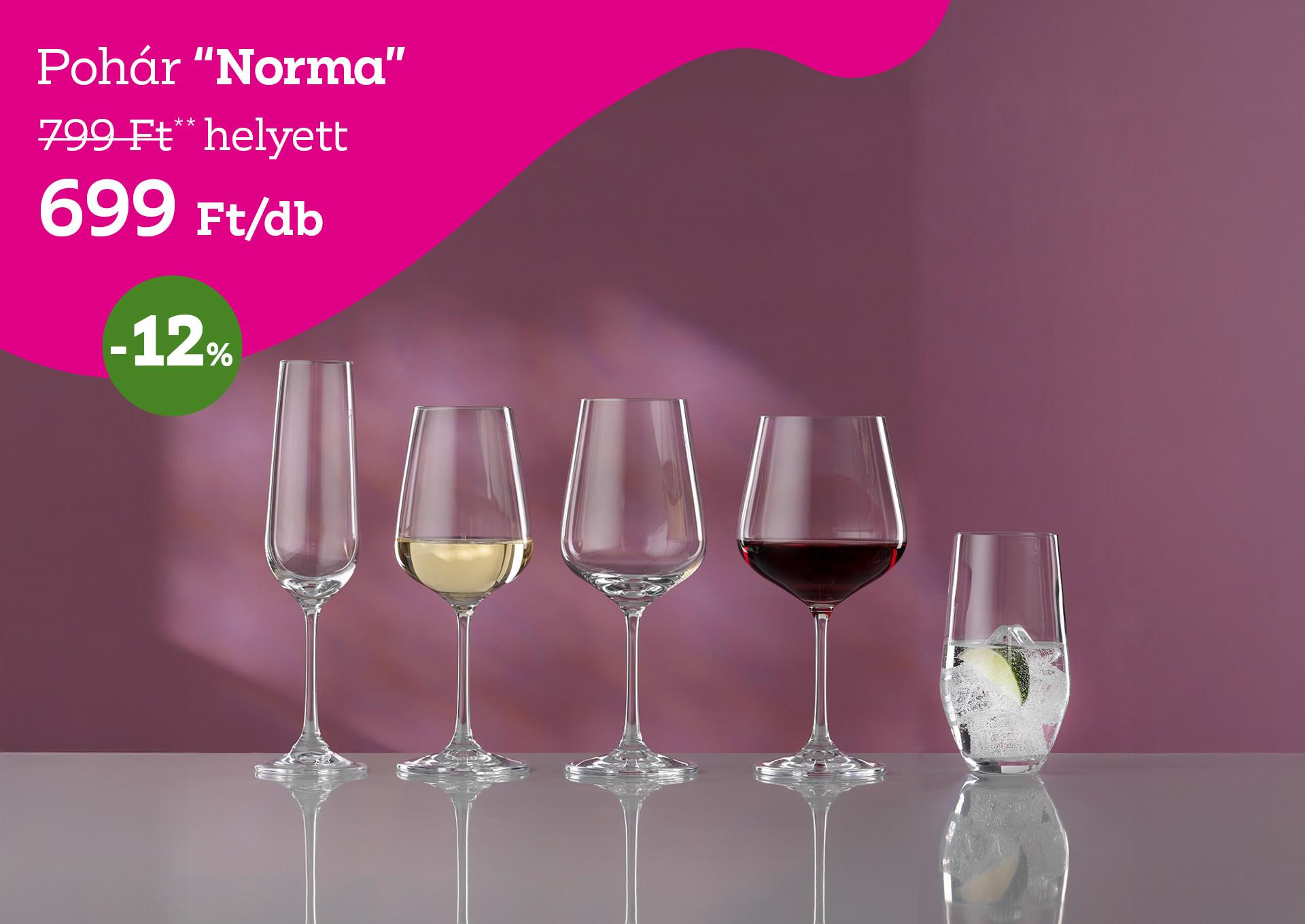 Poharak NORMA 799 Forint helyett 699 Forint/db, kedvezmény mértéke 12%