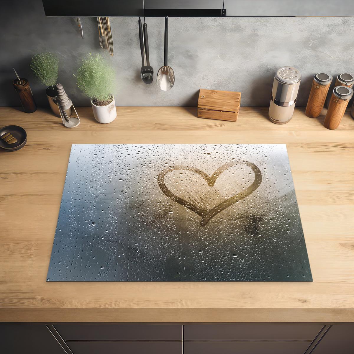 HERDABDECKPLATTE Herz - Kondenswasser - Wasser - 3D Herdabdeckung Induktionsfeld 70x52 cm - Grau, Kunststoff (70/52/0.2cm) - MuchoWow