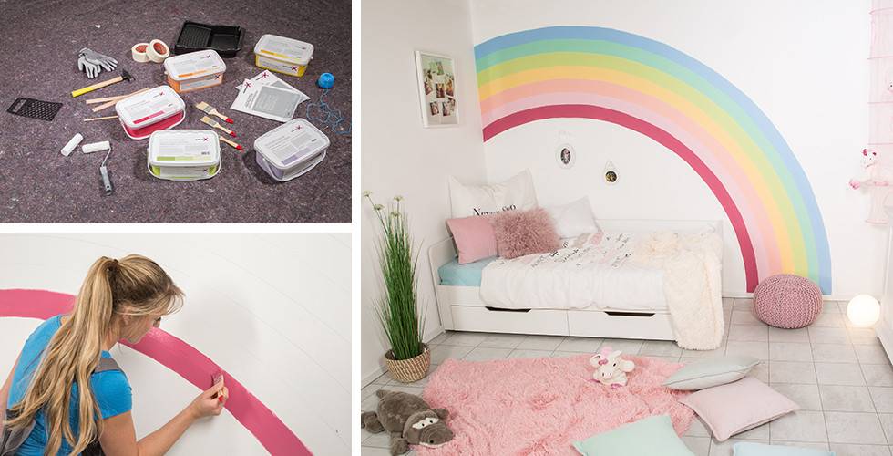 Kinderzimmer mit buntem Regenbogen an der Wand.