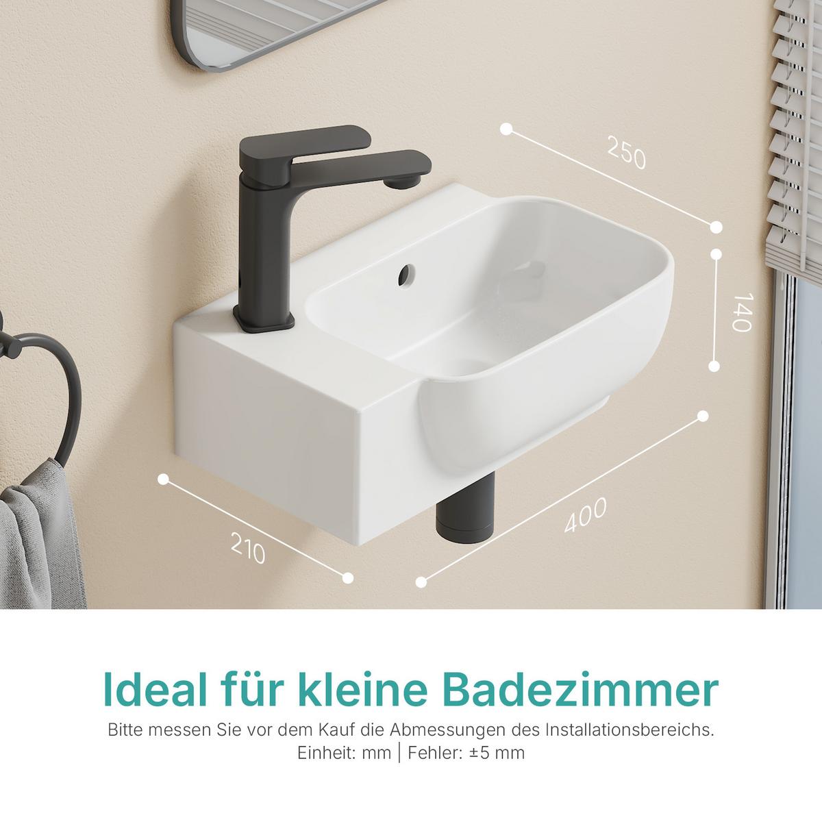 HANDWASCHBECKEN Links-Wasserhahnloch 40 / 25 / 14 cm - Weiß, Keramik (40/14/25cm) - EMKE