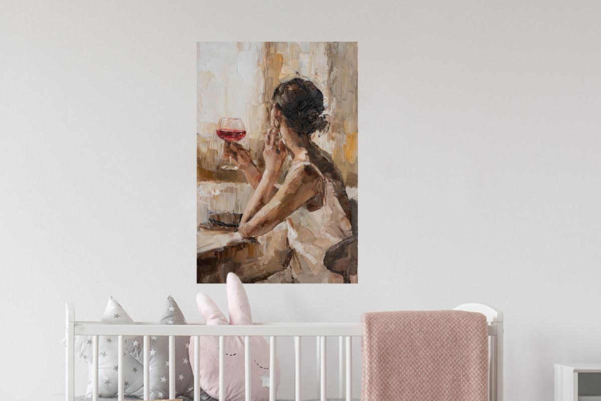 WANDTATTOO Ölgemälde - Frau - Wein Wandbild 40x60 cm - Hellbraun, Kunststoff (40/60/0.1cm) - MuchoWow