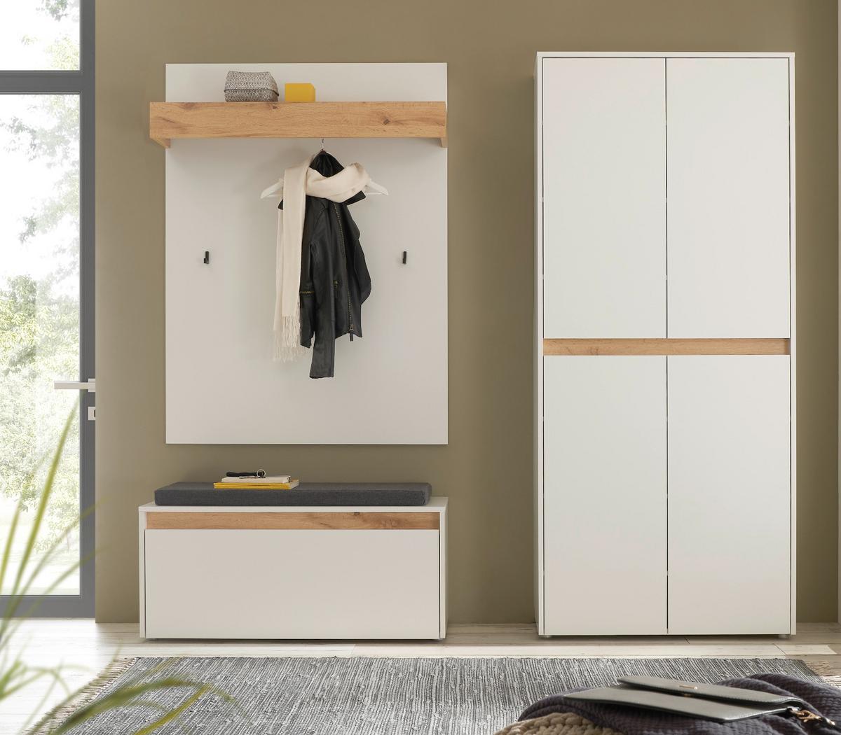 GARDEROBEN-SET weiß matt, Eiche Wotan 195 cm 4-teilig, Flurgarderobe mit viel Stauraum - Eiche Wotan/Schwarz, Holzwerkstoff/Kunststoff (195/200/40cm) - Furn.Design