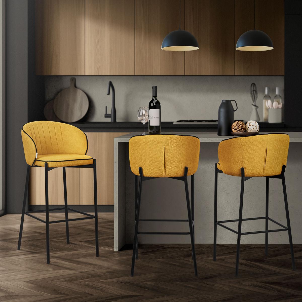 BARHOCKER 2er Set Senf mit Stoffbezug - Gelb/Schwarz, Textil/Metall (50/101/54cm) - ML-DESIGN