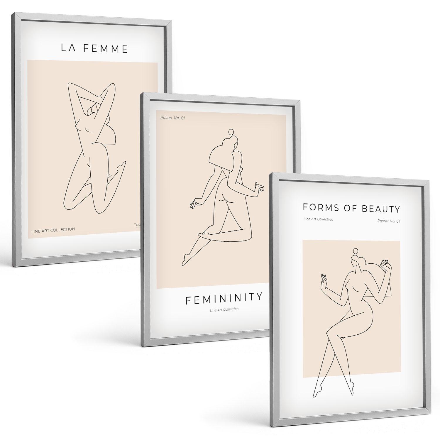 BILDER SET 3er Set - 40x60 cm Silberner Rahmen - Poster mit minimalistischen Frauensilhouetten - Silberfarben, Kunststoff (40/60cm) - TULUP