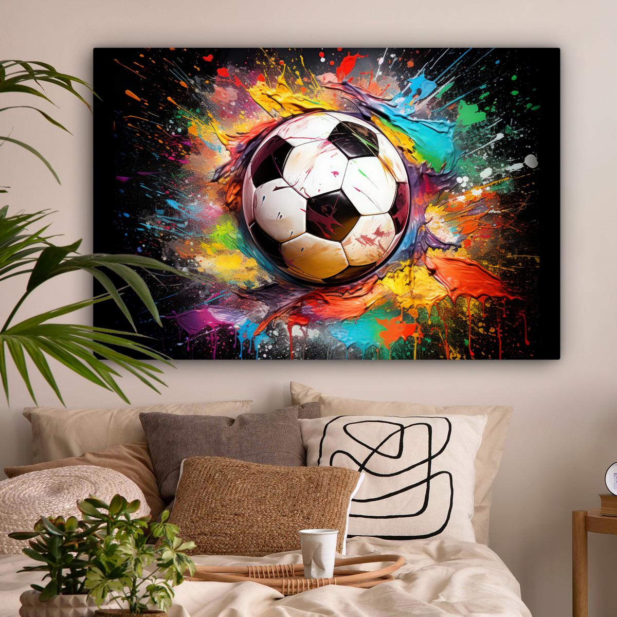 LEINWANDBILD Fußball - Farbe - Farben - Schwarz - Weiß Groß 140x90 cm - Weiß, Textil (140/90cm) - MuchoWow