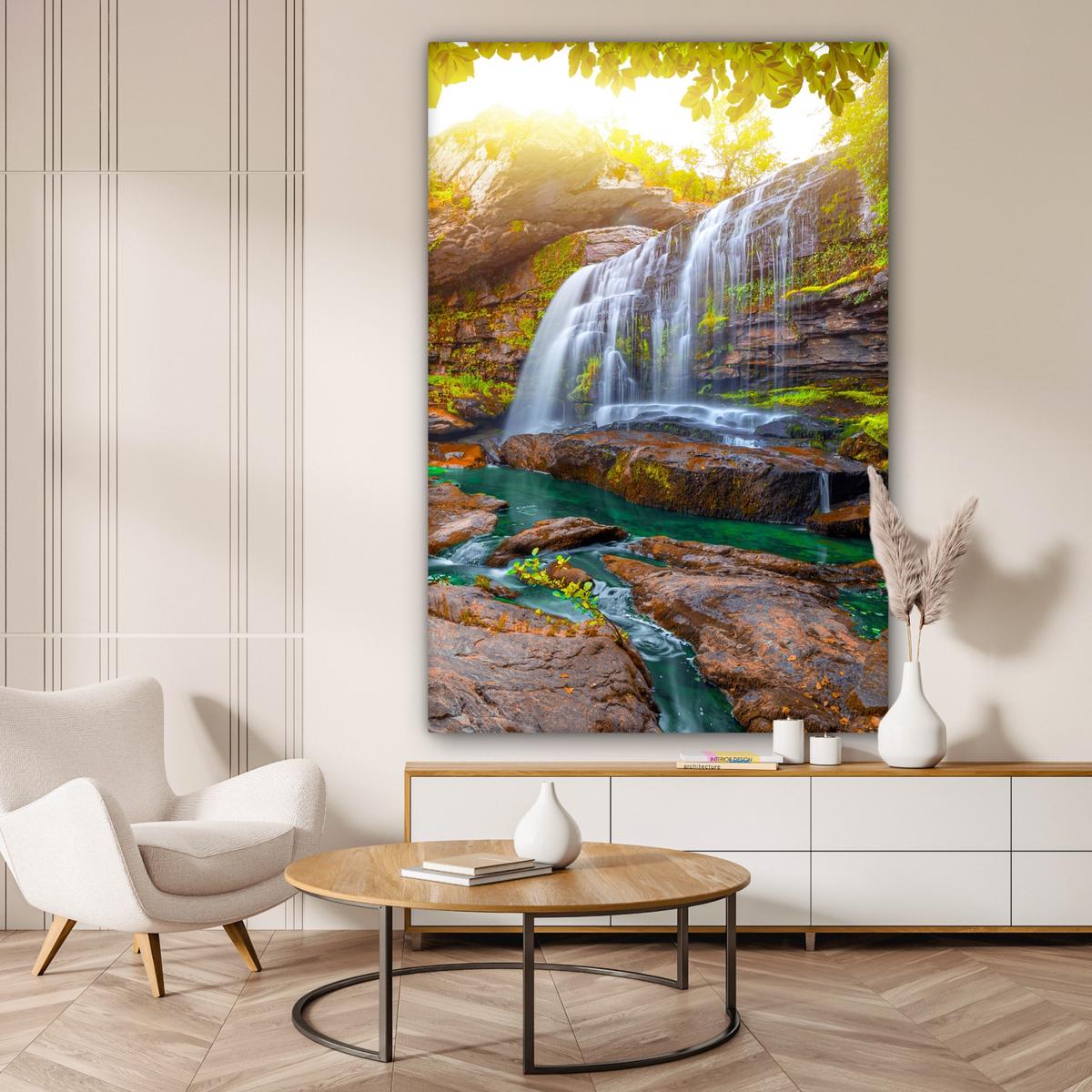 LEINWANDBILD Natur - Wasserfall - Pflanzen - Bäume - Sonne Deko Groß 90x140 cm - Olivgrün, Textil (90/140cm) - MuchoWow