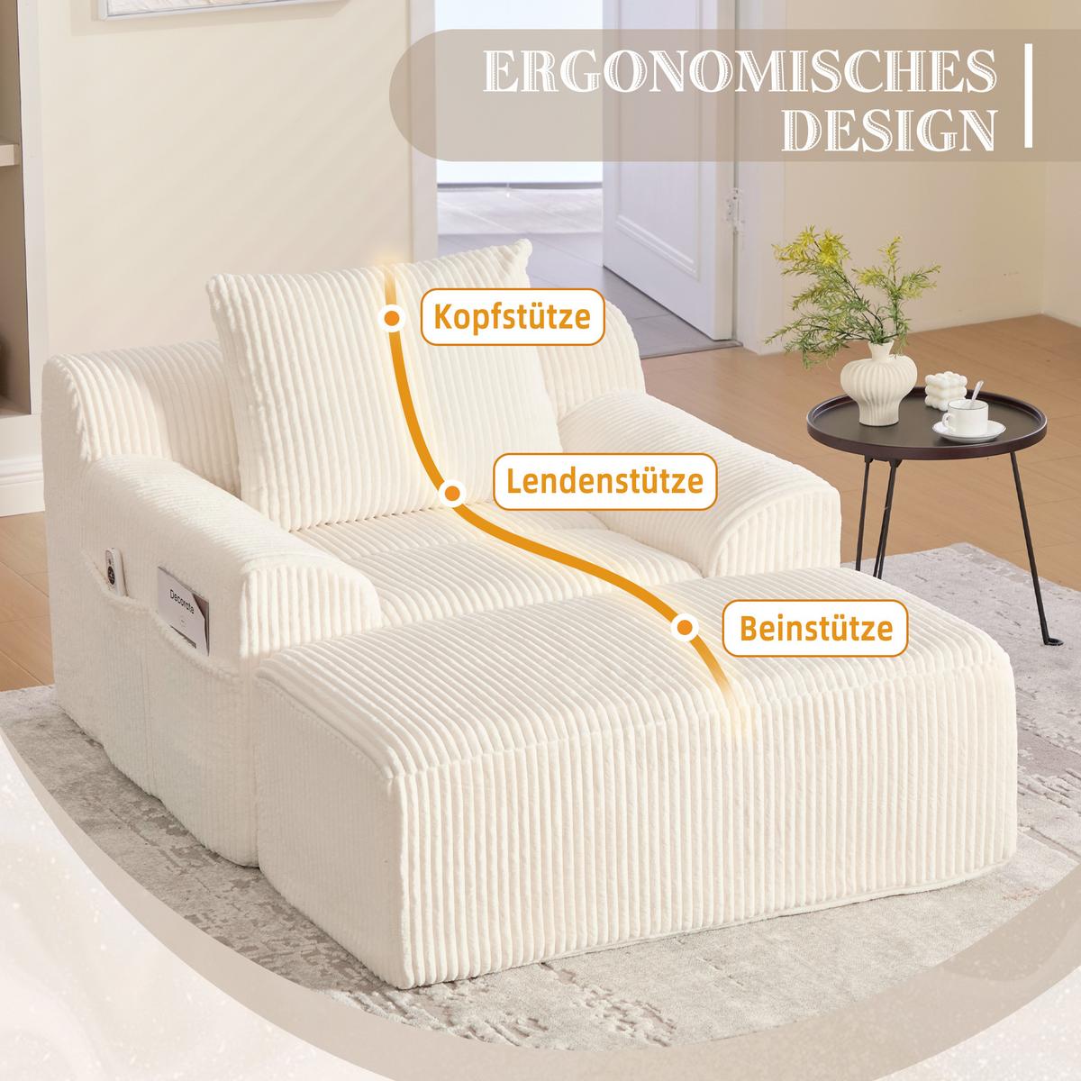 SESSEL mit Hocker in Cord Übergroßer Relaxsessel - Beige, Textil (110/67/147cm) - Urban Meuble
